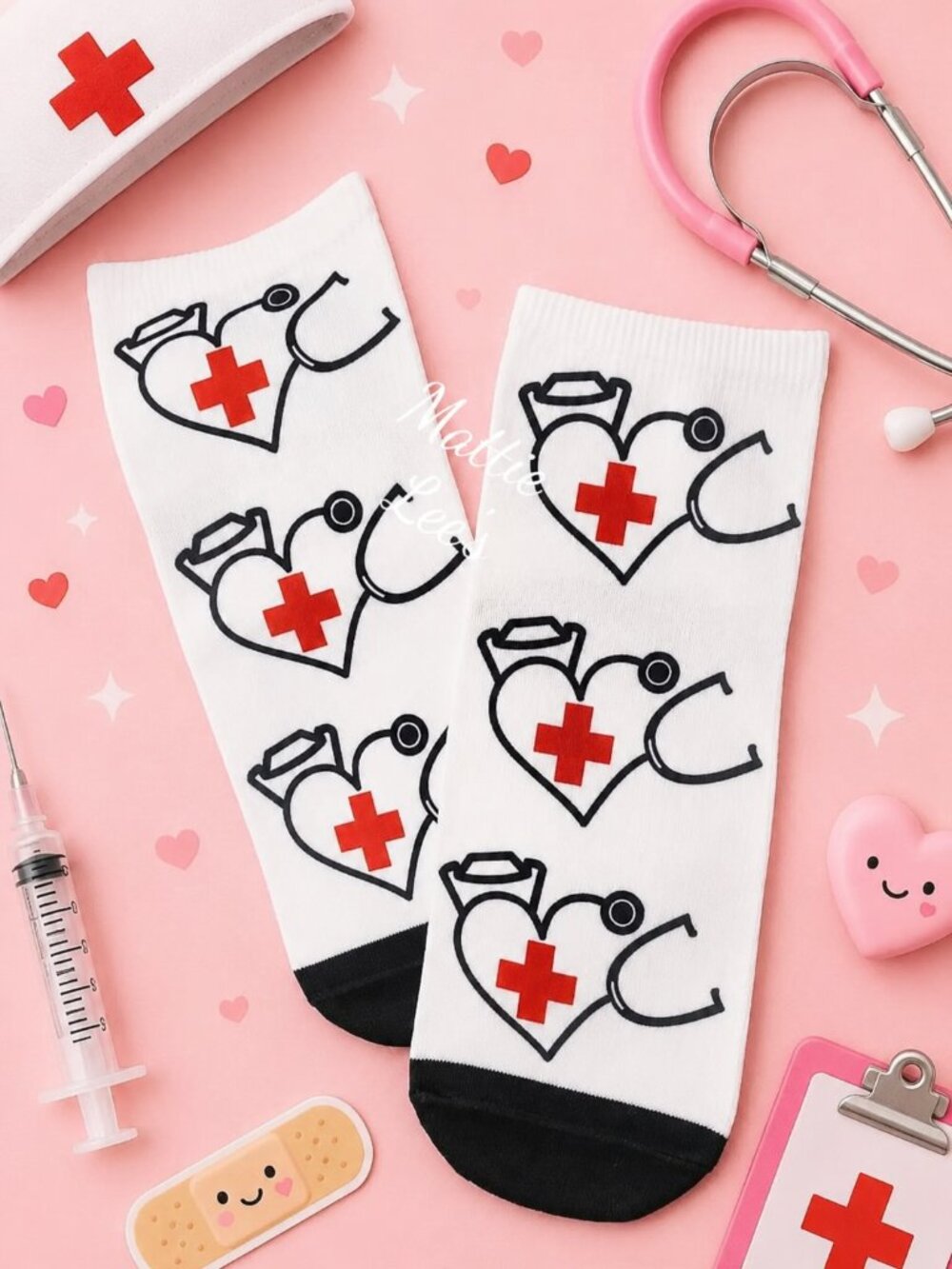 Adult Dress Ankle Socks Nurse Heart